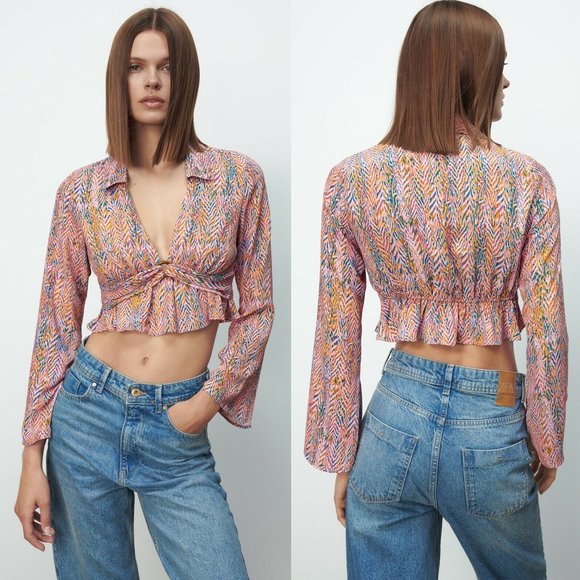 Zara Tops - ZARA NWT Printed Cropped Blouse With Buckle Multicolor